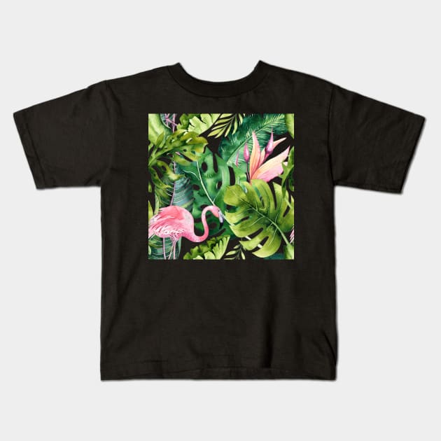 Watercolor Pink Flamingo + Tropical Foliage Pattern Kids T-Shirt by PixDezines